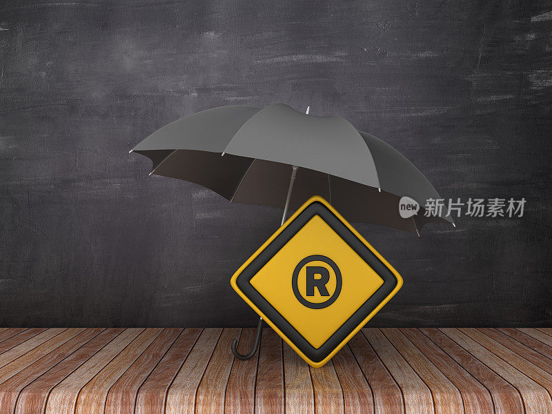 雨伞与商标道路标志在木地板上-黑板背景- 3D渲染